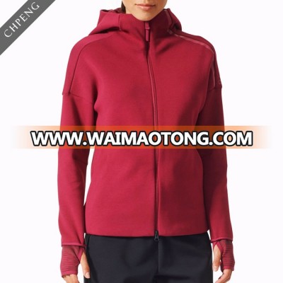 women active sportswear plus hood gym starter jogging wear with thumb hole high funnel neck jacket