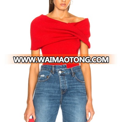 wholesale sexy girls tight off shoulder slash neck red knitwear twist shawl short sleeve sweaters for women