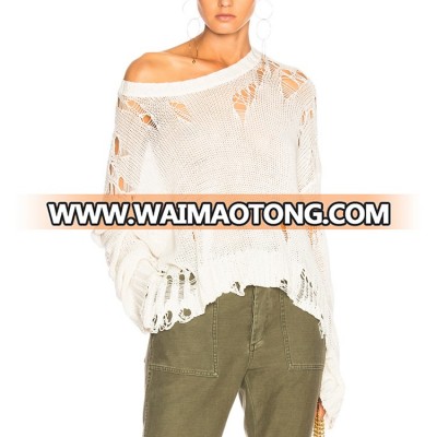 custom women loose batwing sleeve shredded side slit knits distressed sweaters