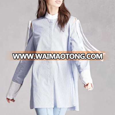 woman casual shirt with a woven longline open shoulder sleeves long blouse